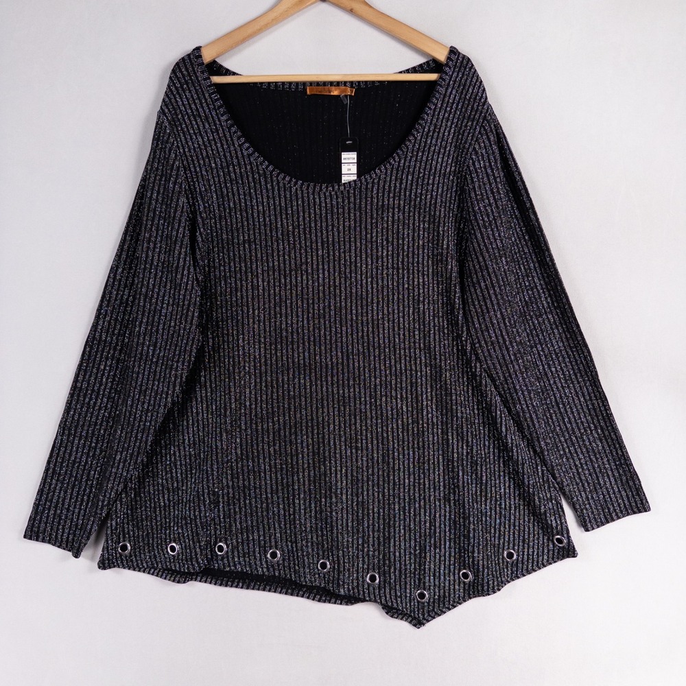 Belldini Top Shirt Womens 2X Black Silver Rib Knit Scoop Neck Asymmetrical Hem